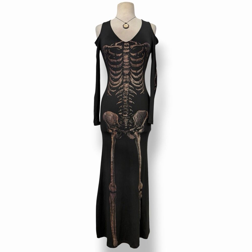 VTG Lip Service Skeleton Maxi Dress Small Cold Shoulder Goth Grunge Halloween